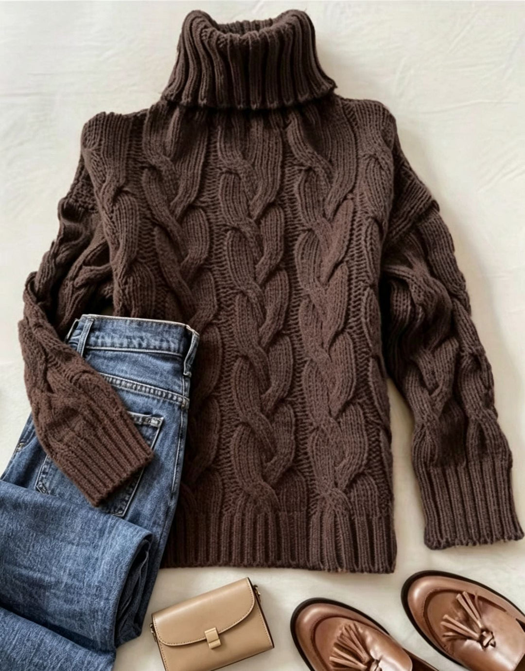 Esmironne | Women's Cozy Refined Chunky Cable Turtleneck Knit Sweater — Coffee