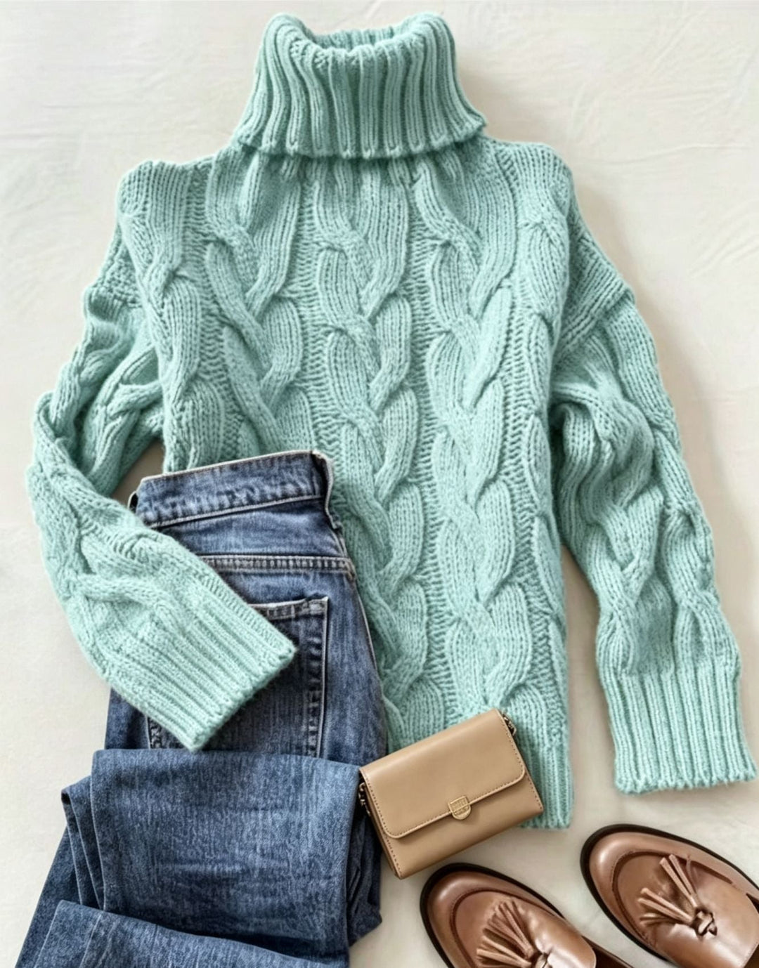 Esmironne | Women's Cozy Refined Chunky Cable Turtleneck Knit Sweater — Emerald Green