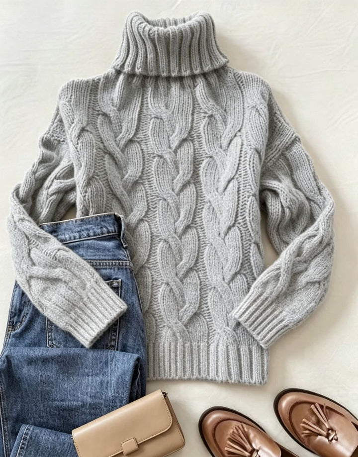 Esmironne | Women's Cozy Refined Chunky Cable Turtleneck Knit Sweater — Gray