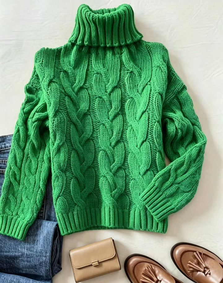 Esmironne | Women's Cozy Refined Chunky Cable Turtleneck Knit Sweater — Green