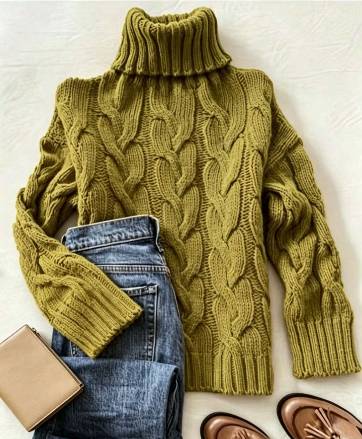 Esmironne | Women's Cozy Refined Chunky Cable Turtleneck Knit Sweater — Olive Green