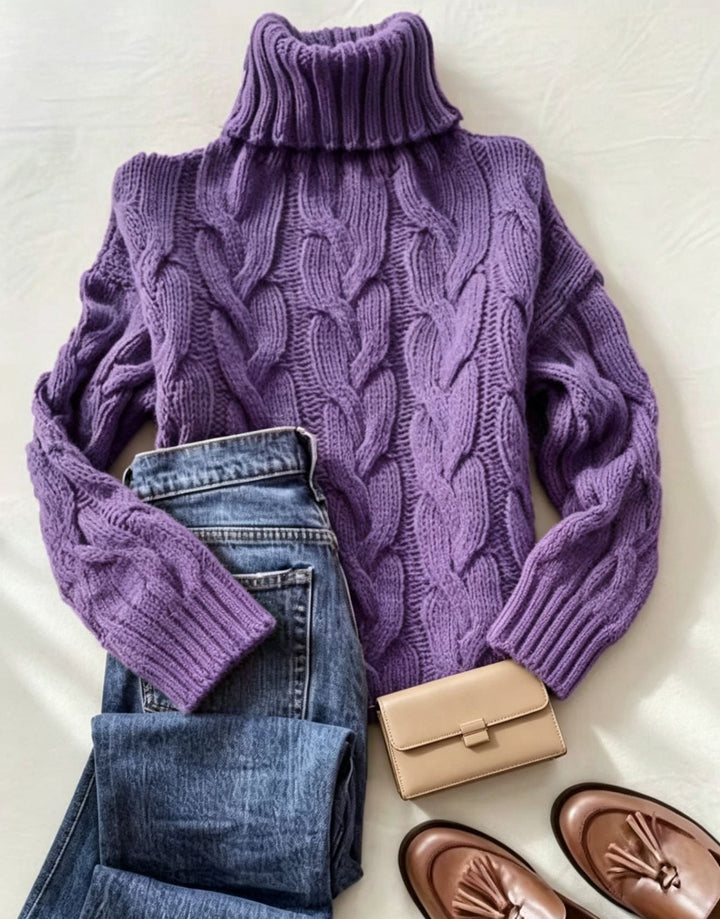 Esmironne | Women's Cozy Refined Chunky Cable Turtleneck Knit Sweater — Violet