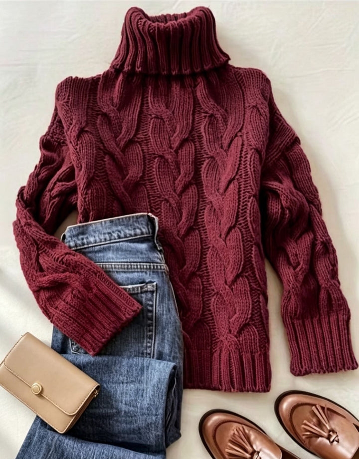 Esmironne | Women's Cozy Refined Chunky Cable Turtleneck Knit Sweater — Wine Red
