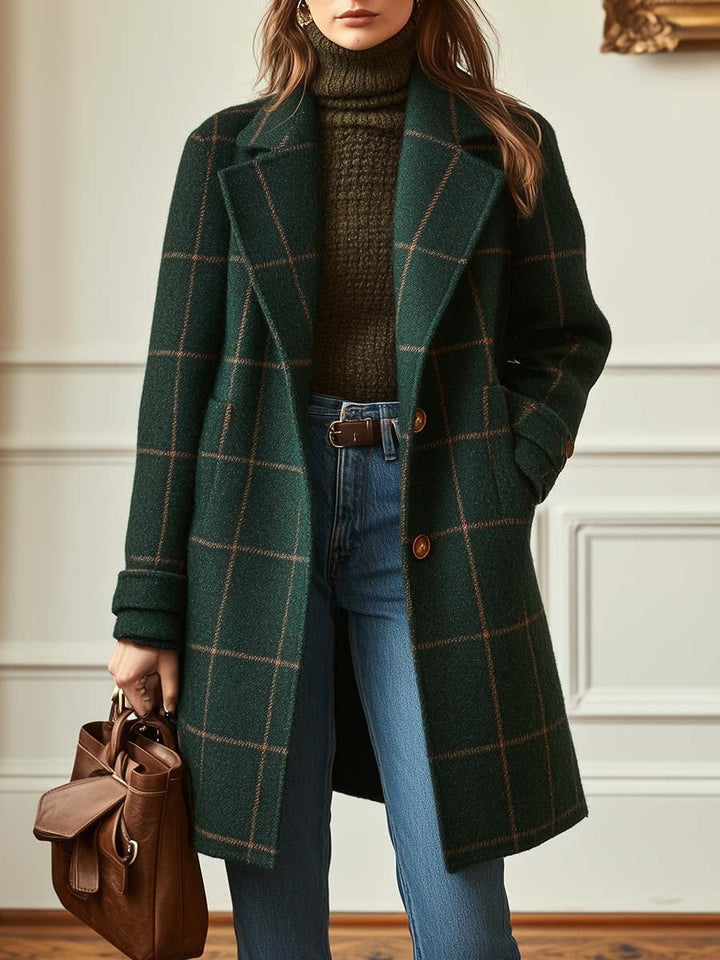 Eulalia | Women's Casual Stretch Plaid Mid-Length winter Coat Tops — Dark Green