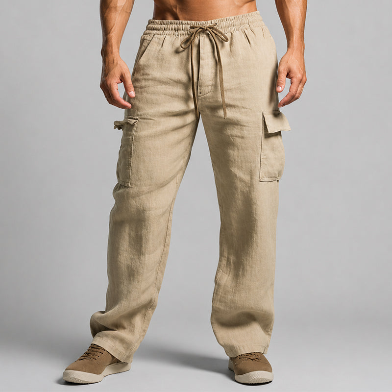 Woman wearing relaxed cargo pants on a plain background.