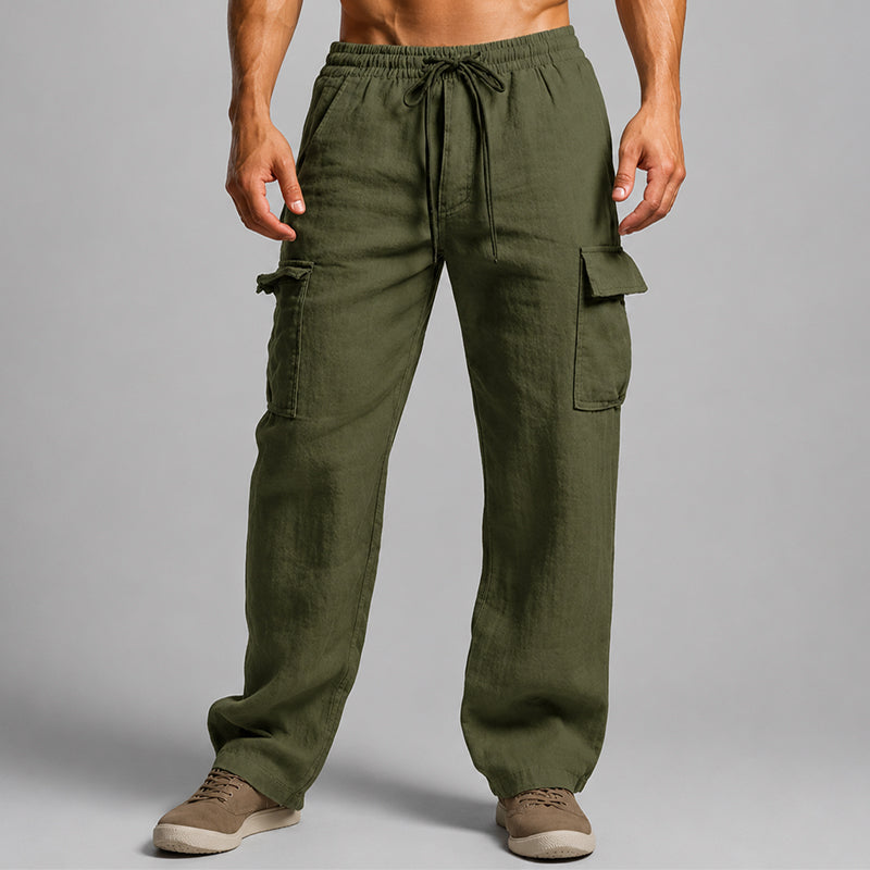  Woman styling loose cargo pants with side pockets on a plain background.