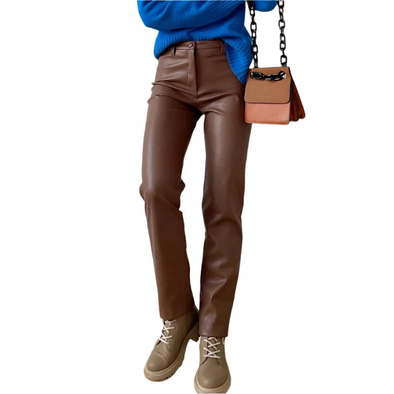 Faelaria | Women's Slim Zipper Pencil Trouser Pants — Brown