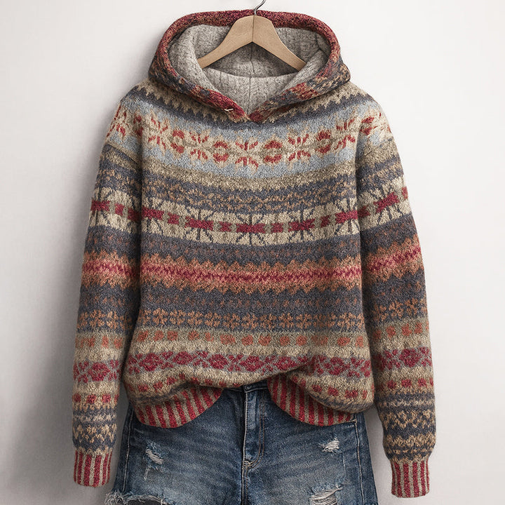Faelcine | Women's Cozy Fair Isle Knit Hoodie — Brown