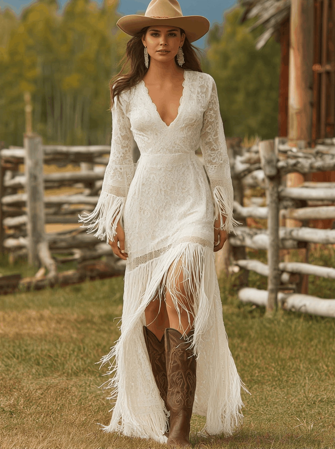 Faelelle | Lace V-Neck Long Sleeve Fringe Formal Maxi Dress