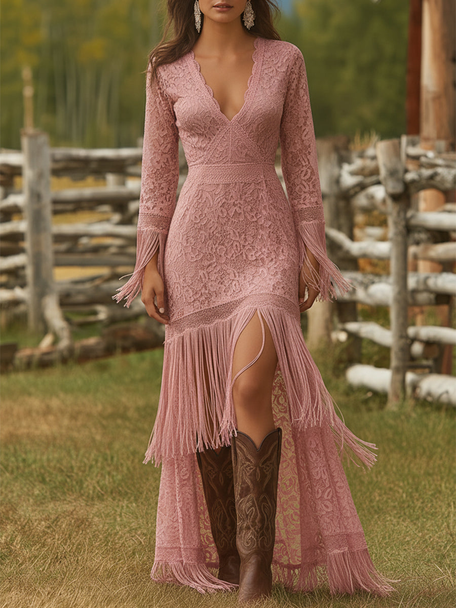 Faelelle | Lace V-Neck Long Sleeve Fringe Formal Maxi Dress