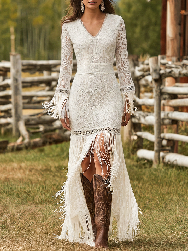 Faelelle | Lace V-Neck Long Sleeve Fringe Formal Maxi Dress