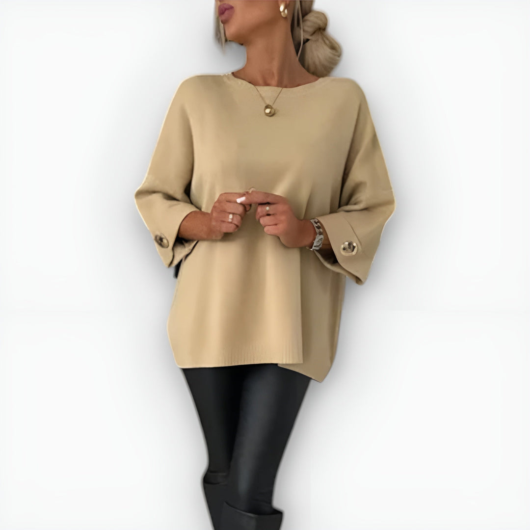 Faelia | Women's Knit Cozy Oversized Three-Quarter Sleeve Sweaters — Beige