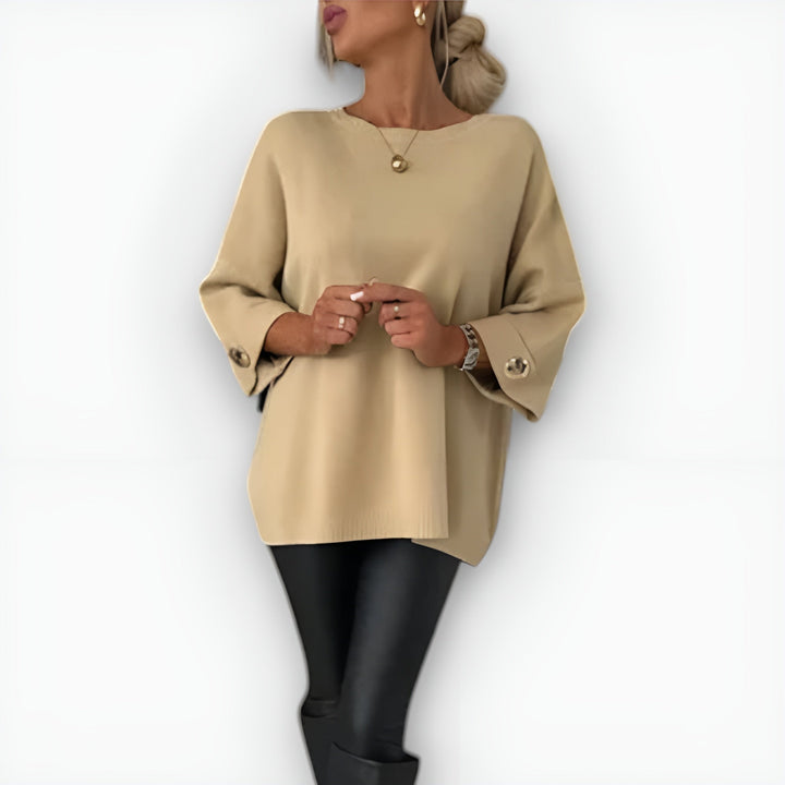Faelia | Women's Knit Cozy Oversized Three-Quarter Sleeve Sweaters — Beige