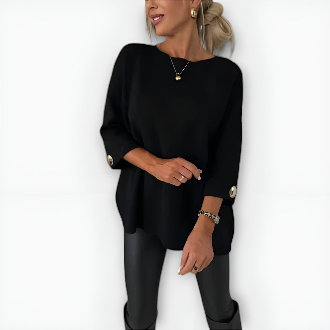 Faelia | Women's Knit Cozy Oversized Three-Quarter Sleeve Sweaters — Black