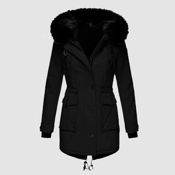 Fayebelle | Women's Casual Stretch Faux Fur Hood Parka Coat — Black