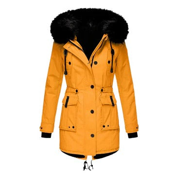 Fayebelle | Women's Casual Stretch Faux Fur Hood Parka Coat — Gold