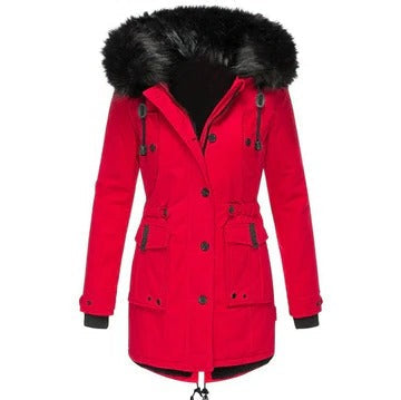 Fayebelle | Women's Casual Stretch Faux Fur Hood Parka Coat — Red