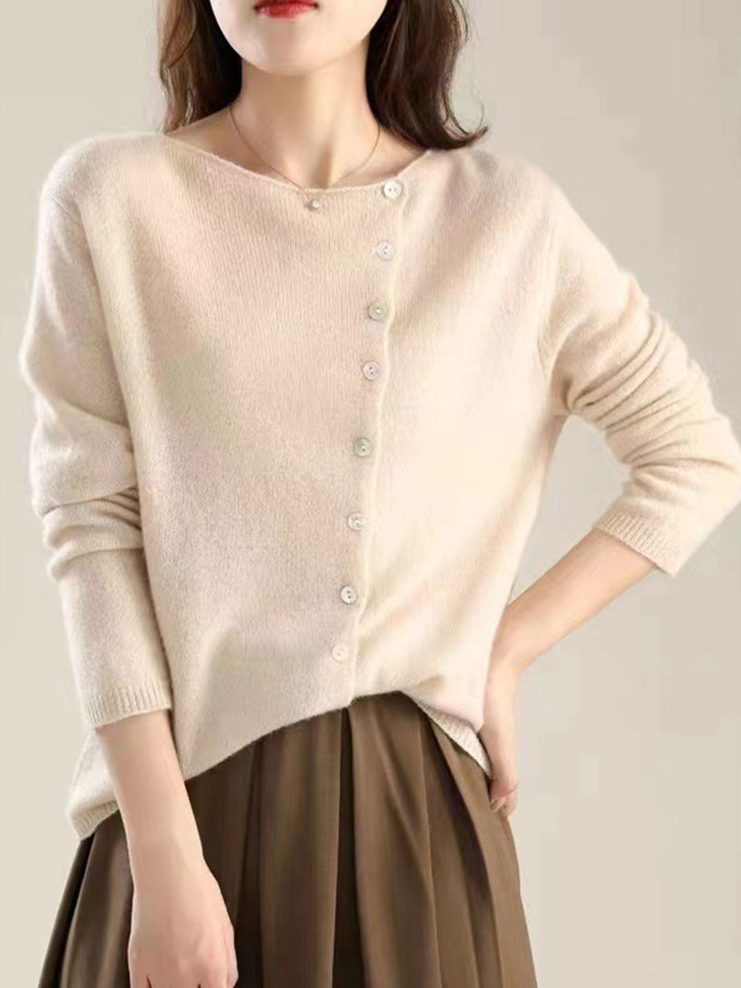 Fayeella | Women's Knit Cozy V-Neck Button Closure Sweaters — Apricot