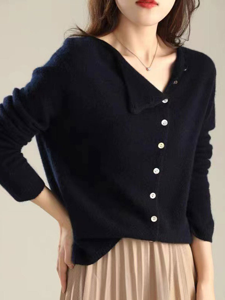 Fayeella | Women's Knit Cozy V-Neck Button Closure Sweaters — Navy Blue