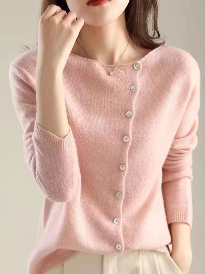 Fayeella | Women's Knit Cozy V-Neck Button Closure Sweaters — Pink