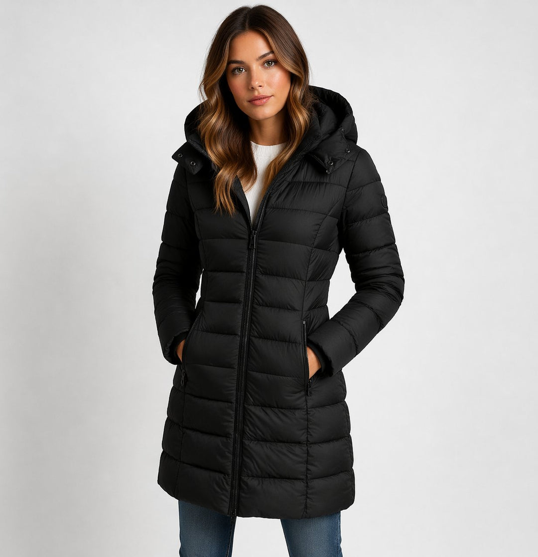 Fayestine | Women's Puffer Coat with a Zip Front and Quilted Panels — Black