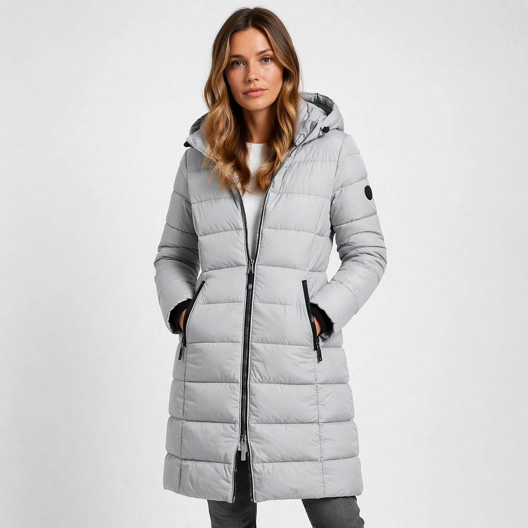 Fayestine | Women's Puffer Coat with a Zip Front and Quilted Panels — Grey