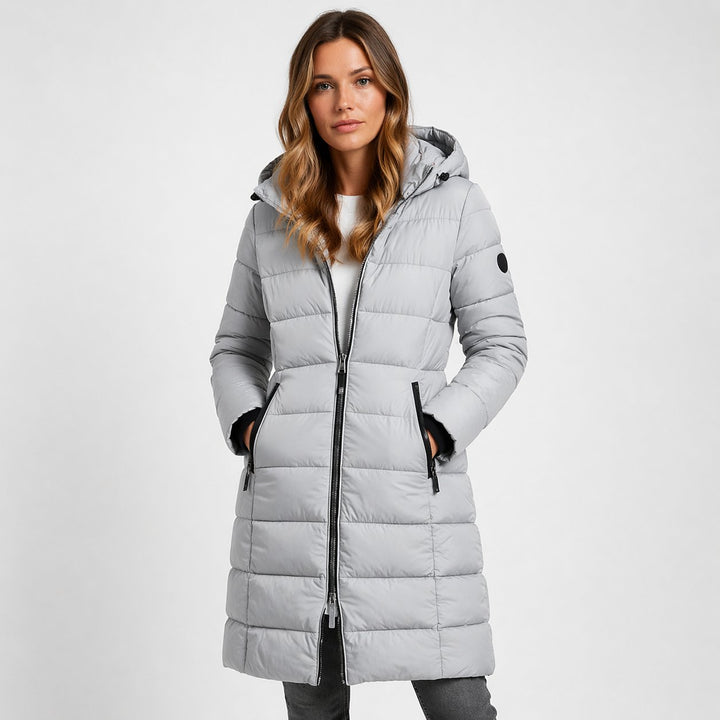 Fayestine | Women's Puffer Coat with a Zip Front and Quilted Panels — Grey