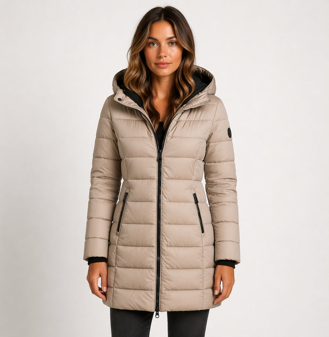 Fayestine | Women's Puffer Coat with a Zip Front and Quilted Panels — Khaki
