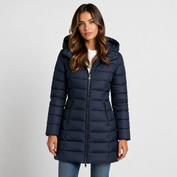 Fayestine | Women's Puffer Coat with a Zip Front and Quilted Panels — Navy Blue