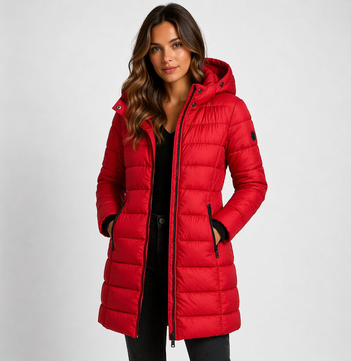 Fayestine | Women's Puffer Coat with a Zip Front and Quilted Panels — Red