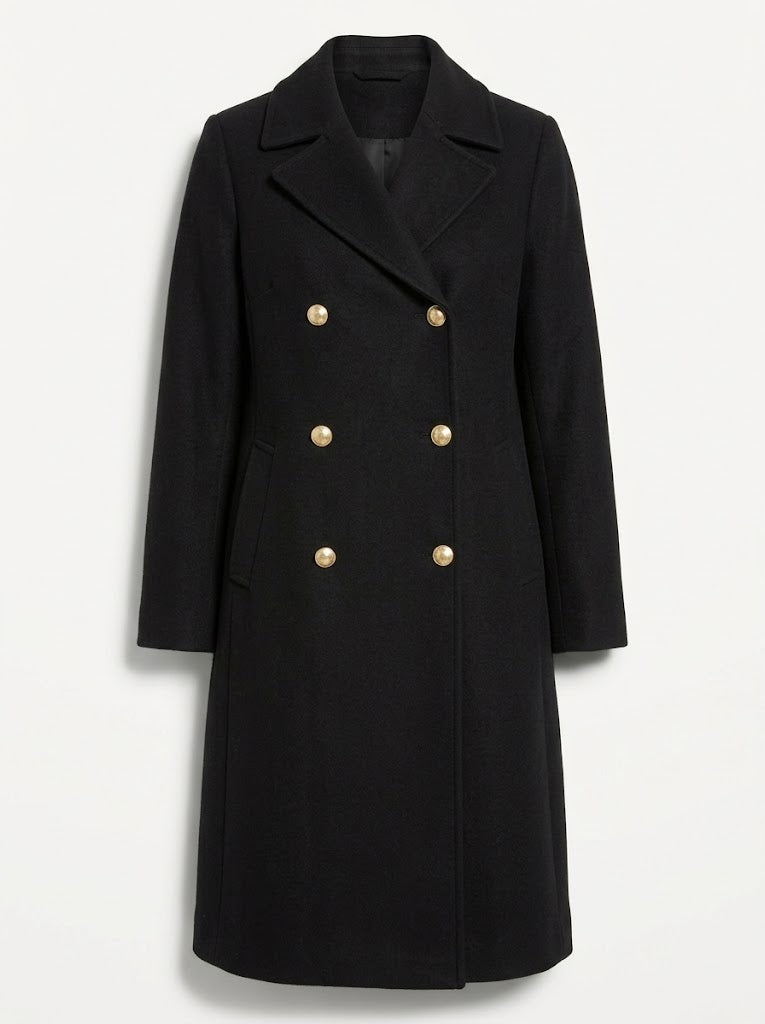 Fennanne | Women's Double-Breasted Longline Coat with Lapel Collar — Black