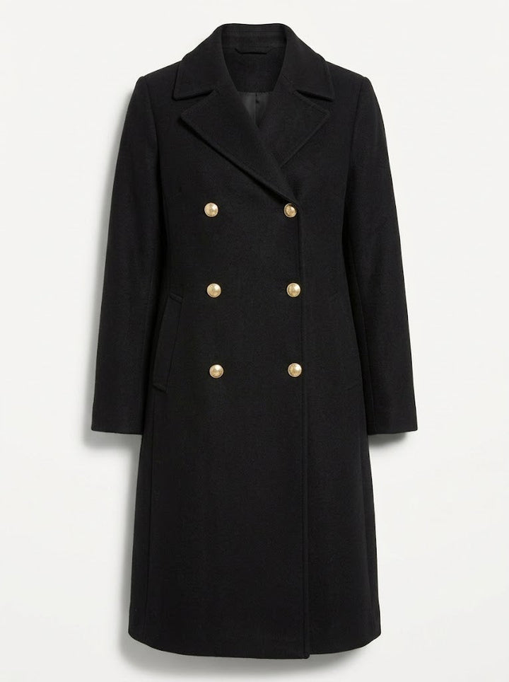 Fennanne | Women's Double-Breasted Longline Coat with Lapel Collar — Black