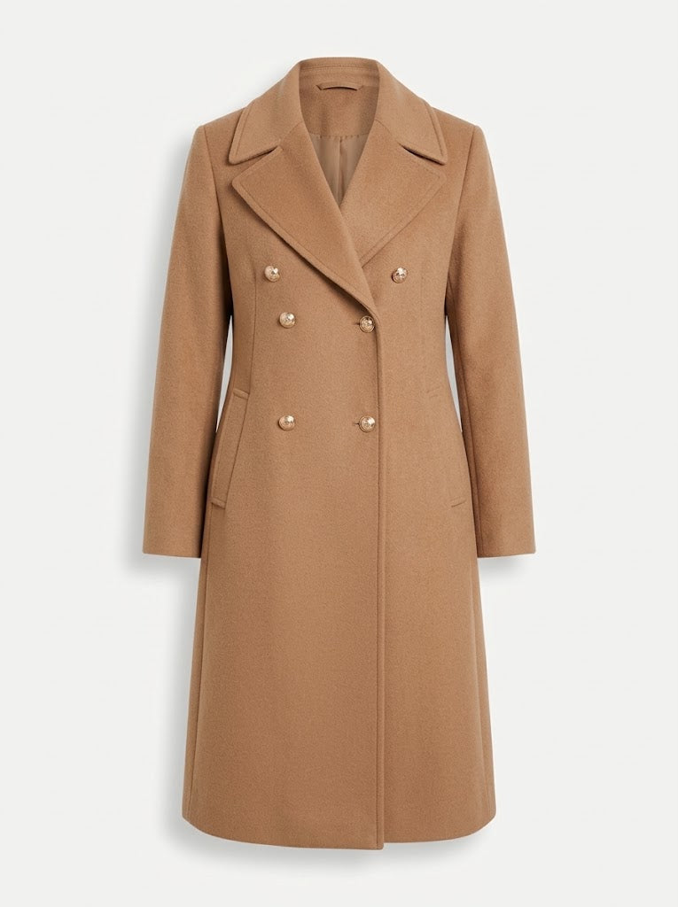 Fennanne | Women's Double-Breasted Longline Coat with Lapel Collar — Khaki