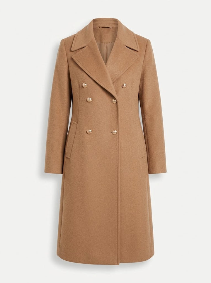 Fennanne | Women's Double-Breasted Longline Coat with Lapel Collar — Khaki