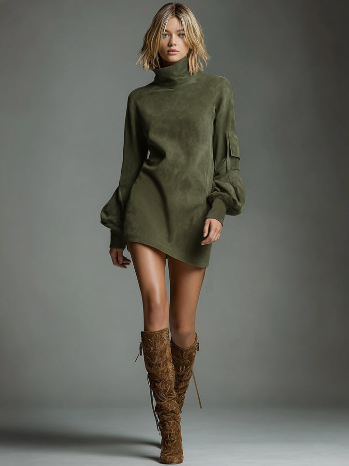 Fenninalde | Women's Elegant Vintage Loose Suede Turtleneck Mini Dress — ArmyGreen