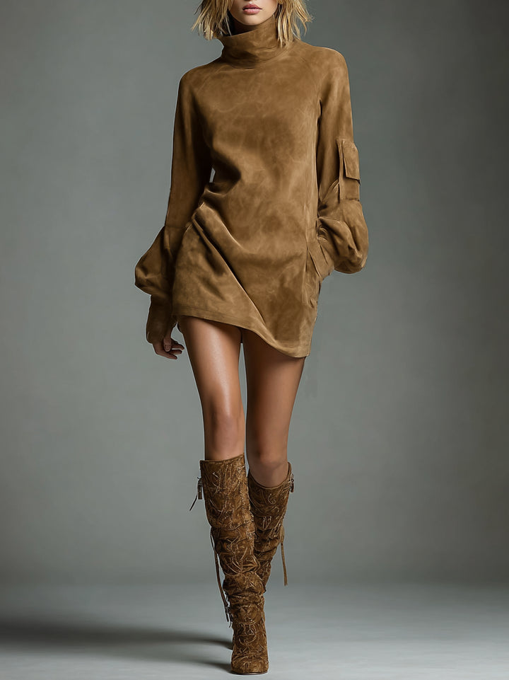 Fenninalde | Women's Elegant Vintage Loose Suede Turtleneck Mini Dress — 1