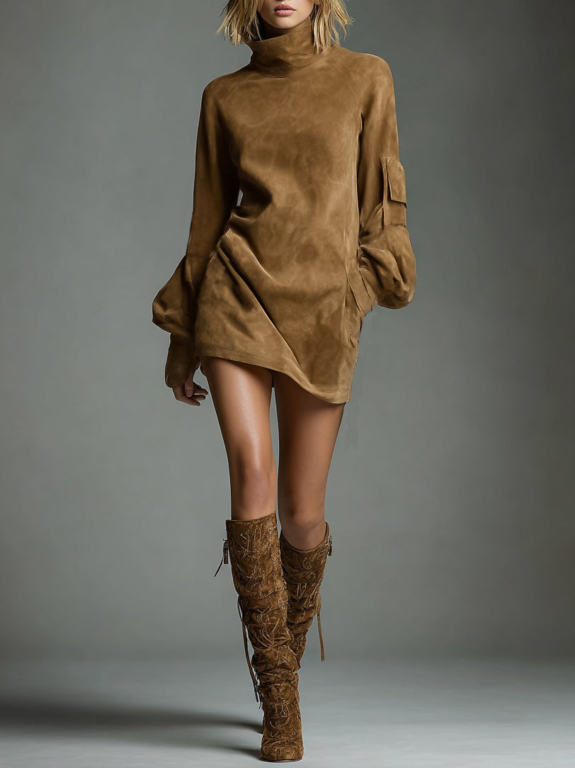 Fenninalde | Women's Elegant Vintage Loose Suede Turtleneck Mini Dress — Brown