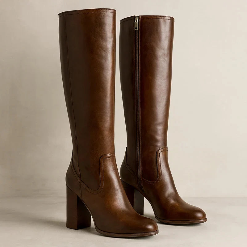 Ferelique | Women's Refined Knee High Stacked Block Heel Boots — Brown