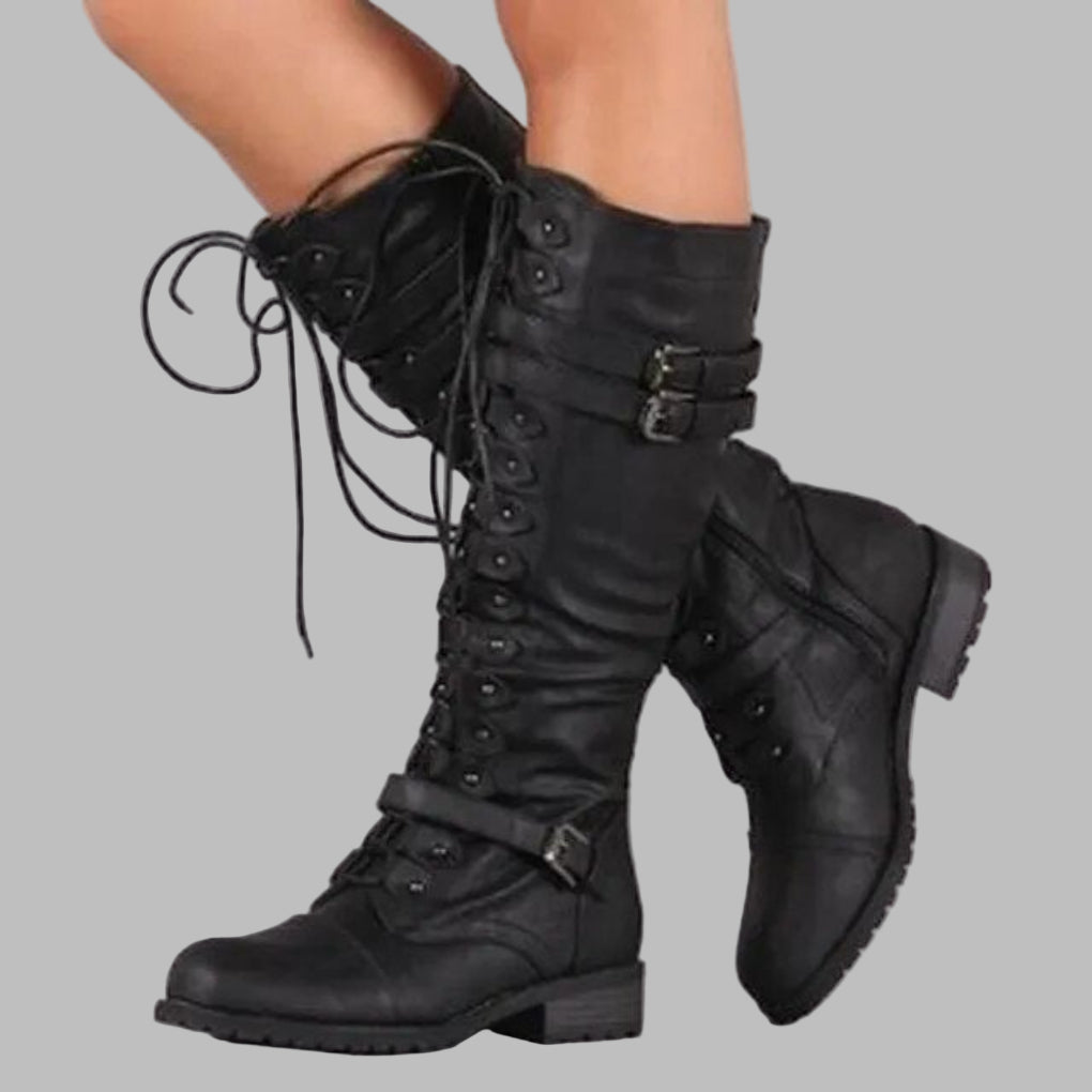 Ferelora | Women's Combat Boots with Lace Up and Buckle Detail — 1