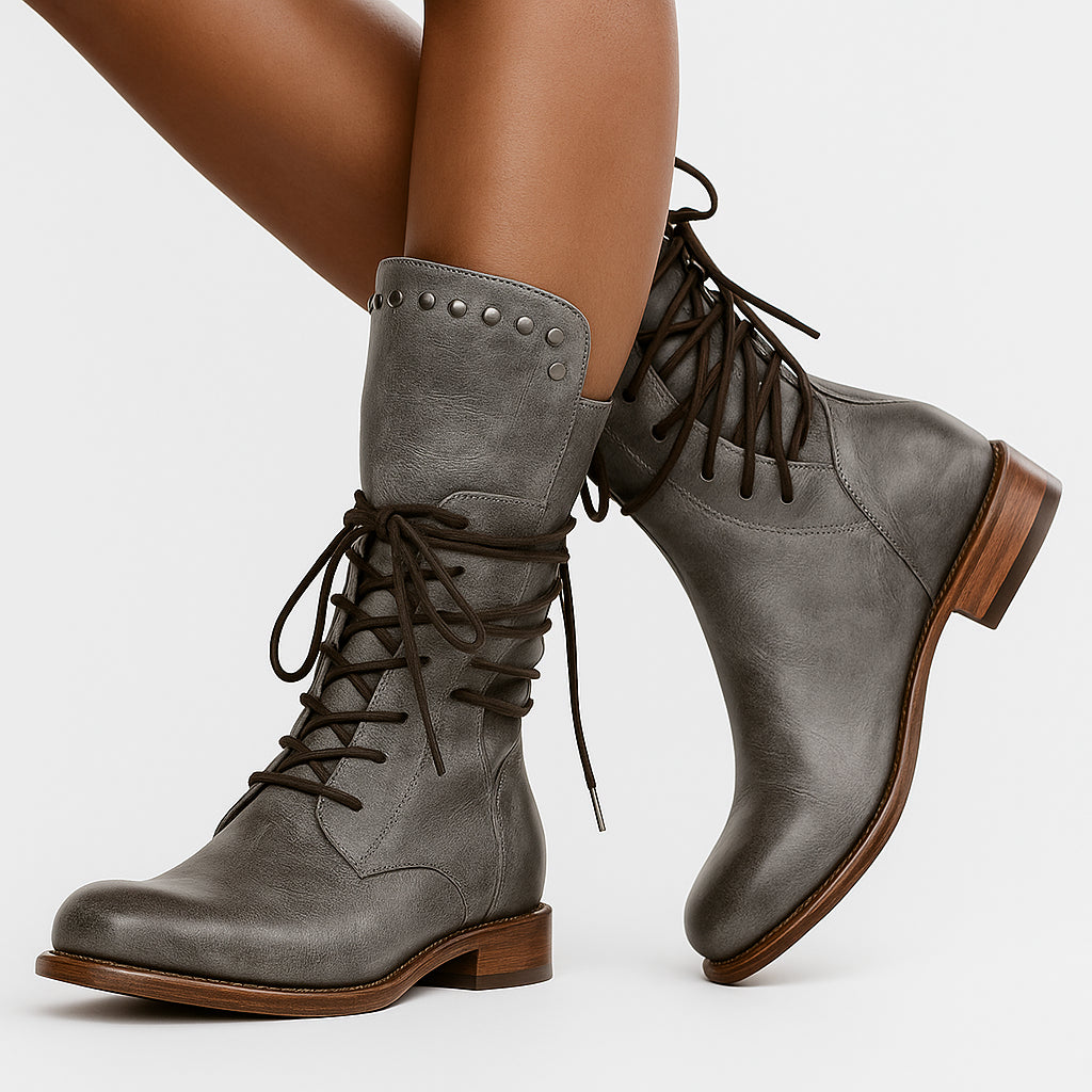 Ferelura | Women's Lace Up Mid Calf Boots — Grey