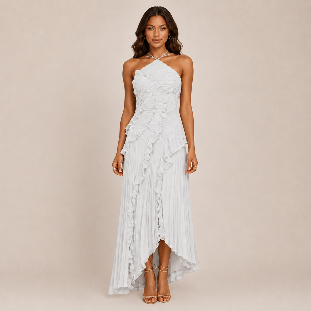 Female model showing an A-line dress with soft skirt movement on a plain background.