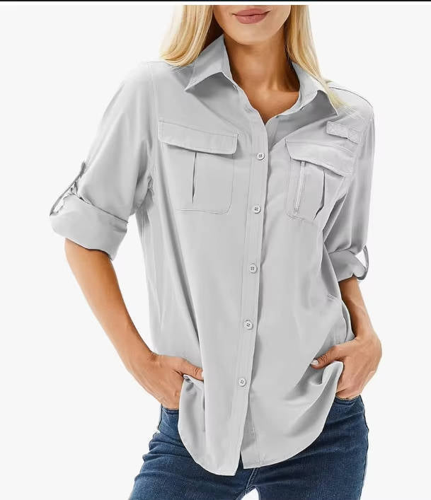 Fioetta | Women's Button-Up Casual UPF 50 Long Sleeve Hiking Outdoor Shirt — Light Grey