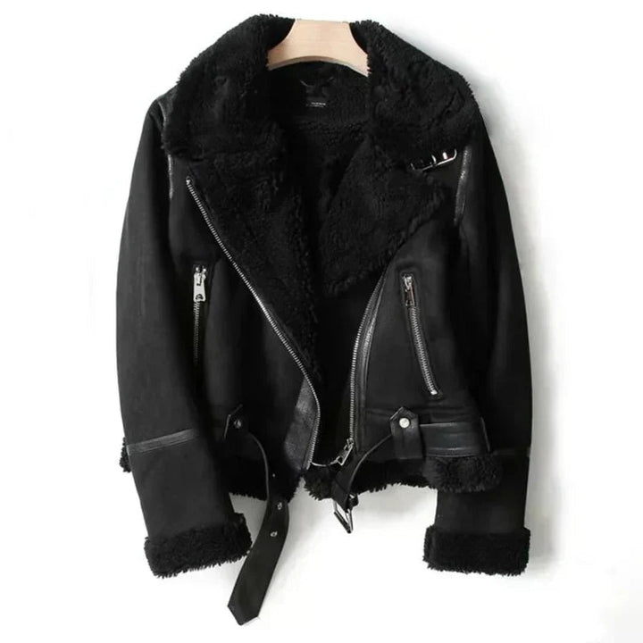 Fionova | Women's Sherpa-Lined Leather Biker Jacket in Cropped Fit — Black