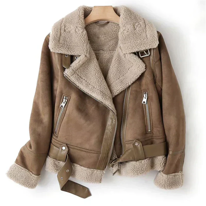 Fionova | Women's Sherpa-Lined Leather Biker Jacket in Cropped Fit — Brown