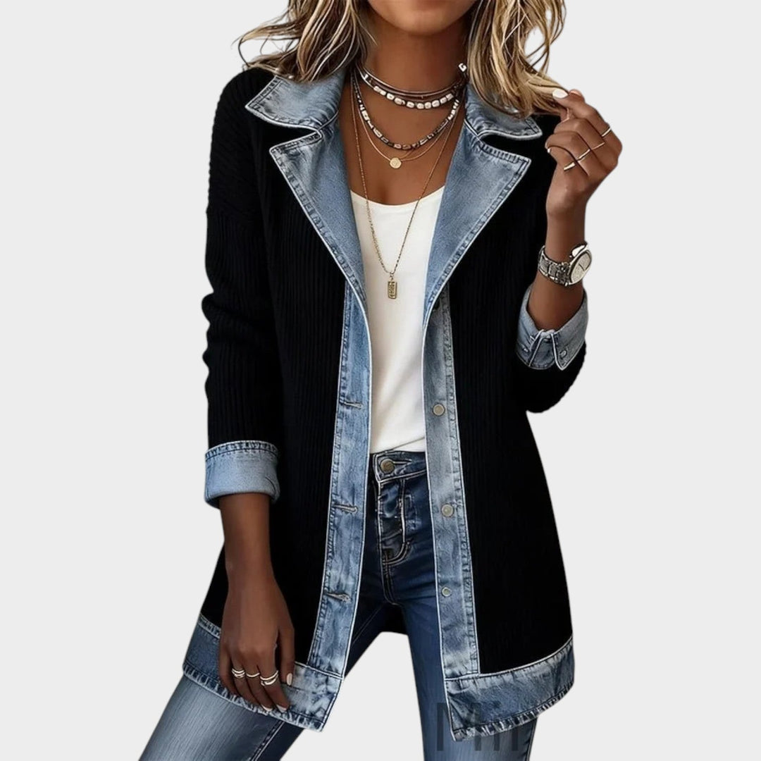 Fiooura | Women's Cozy Knit Cardigan Button Front Denim Ribbed — Black