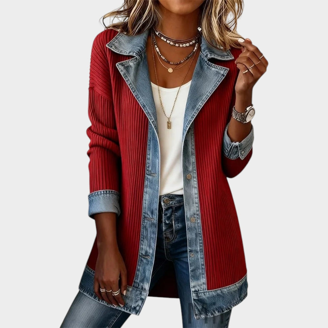 Fiooura | Women's Cozy Knit Cardigan Button Front Denim Ribbed — Burgundy