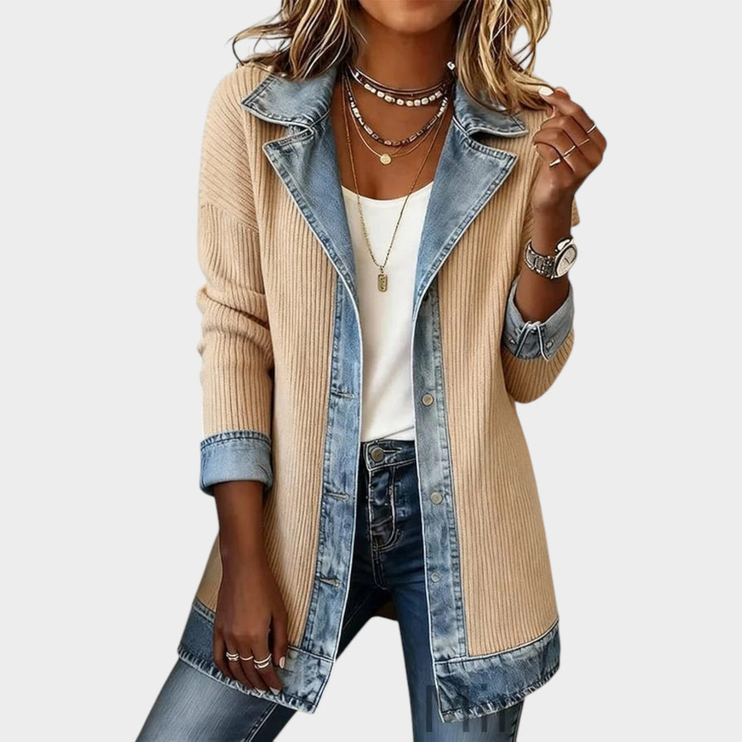 Fiooura | Women's Cozy Knit Cardigan Button Front Denim Ribbed — Light Khaki