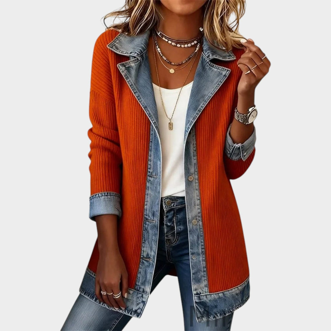 Fiooura | Women's Cozy Knit Cardigan Button Front Denim Ribbed — Orange