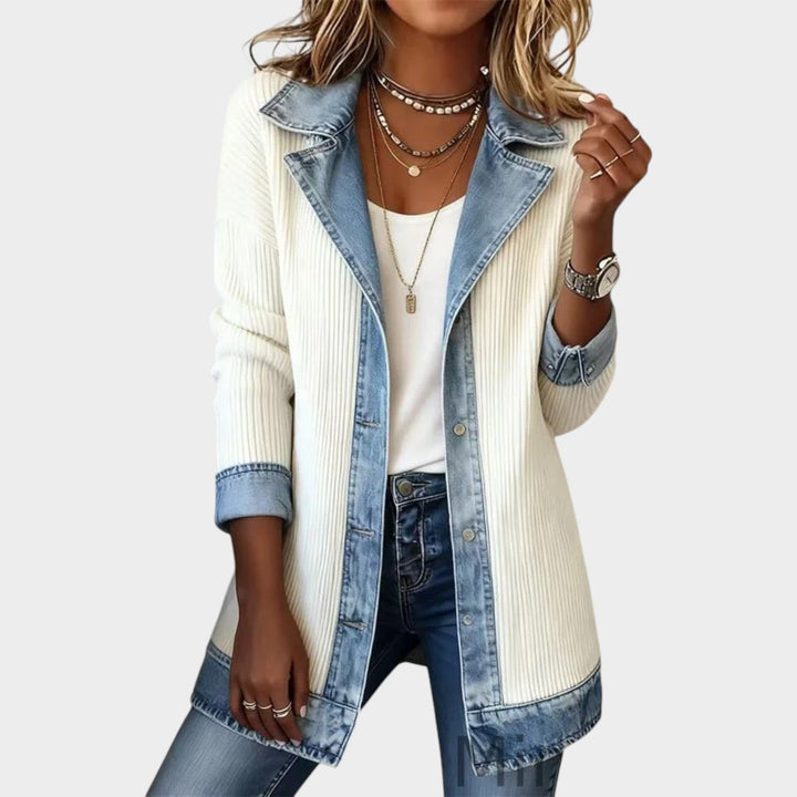 Fiooura | Women's Cozy Knit Cardigan Button Front Denim Ribbed — White