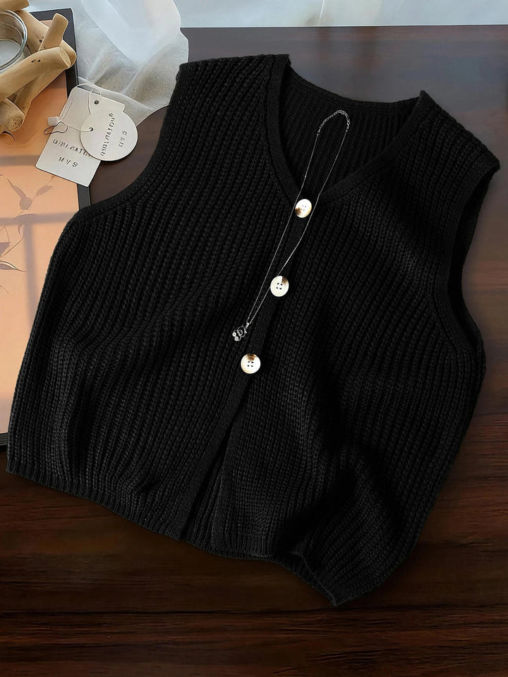 Fiovanne | Women's Knit Cozy Cardigan Sweater V-Neck Vest Single Breasted Sleeveless Casual Commute Tops — black
